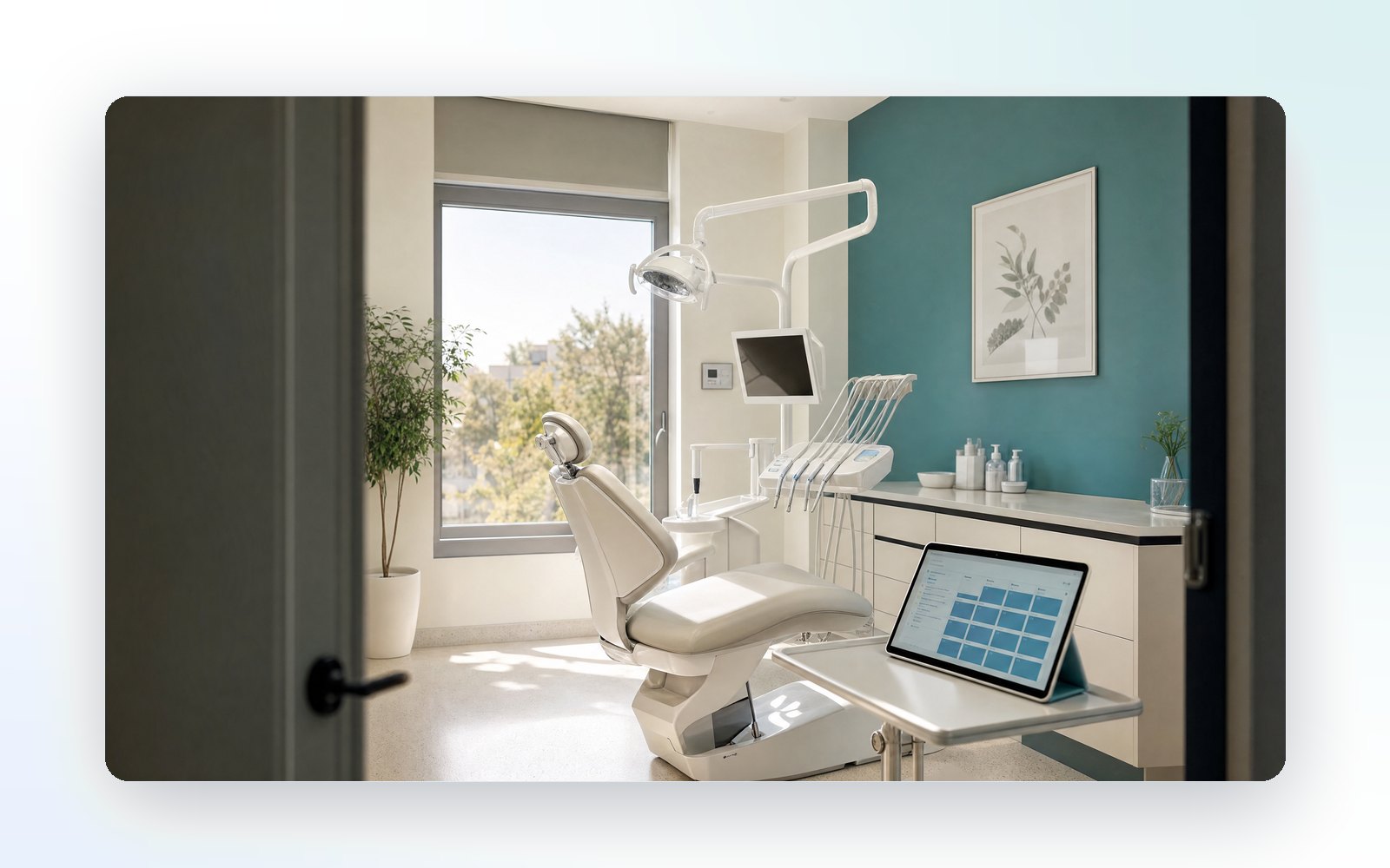 A calm dental treatment room with a teal wall and a booking screen (illustration)