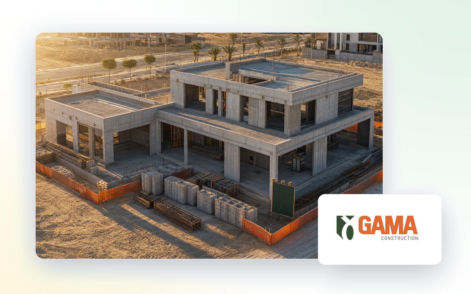 A villa under construction at golden hour, with the GAMA Construction logo