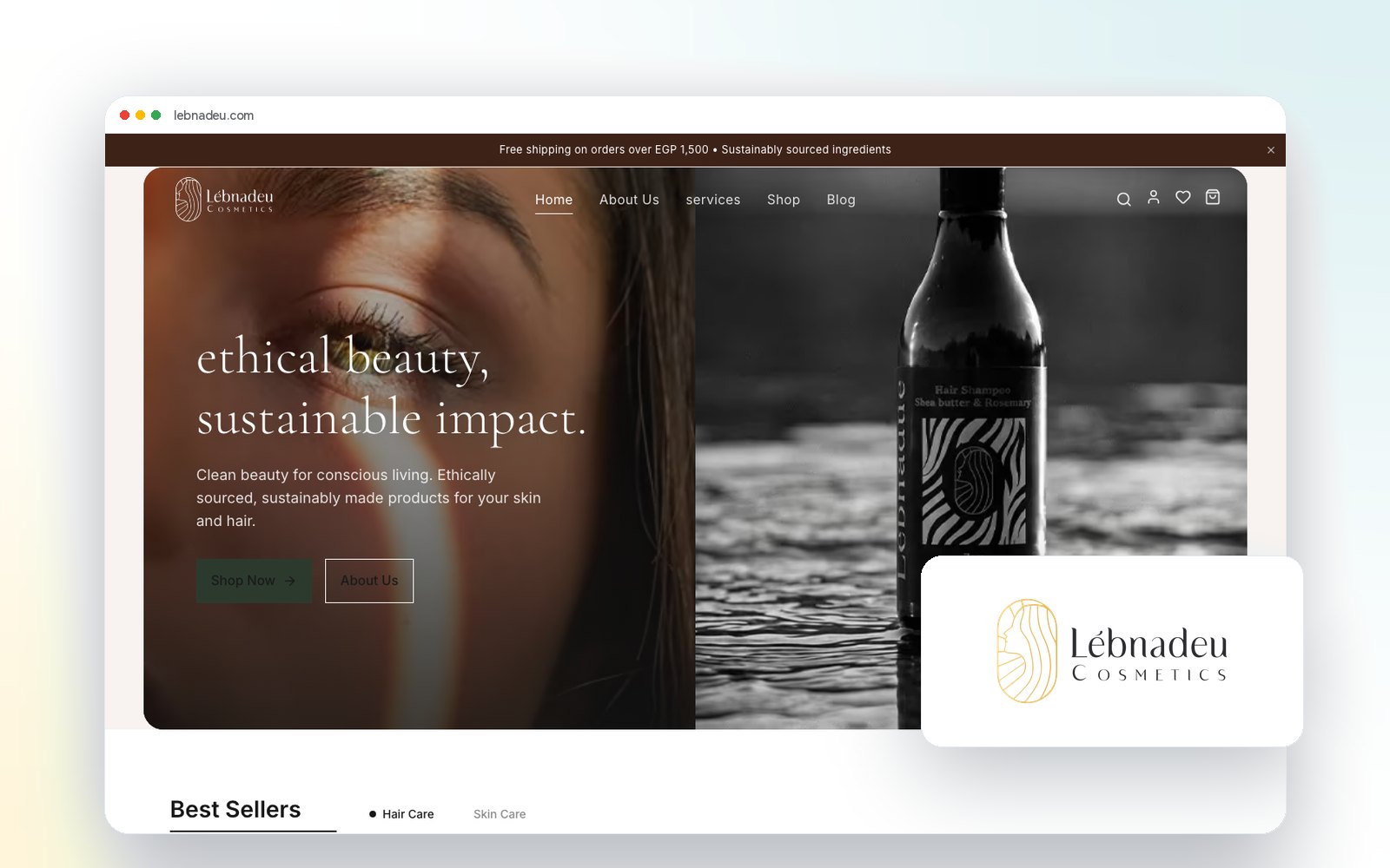 The Lébnadeu Cosmetics website on lebnadeu.com, with the Lébnadeu logo
