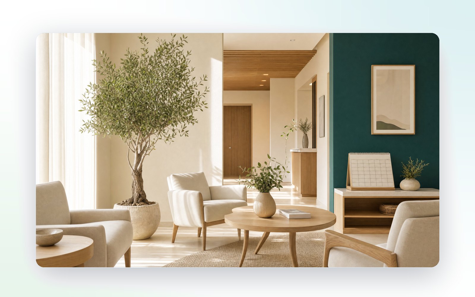A bright, quiet reception lounge with an olive tree and a teal wall (illustration)