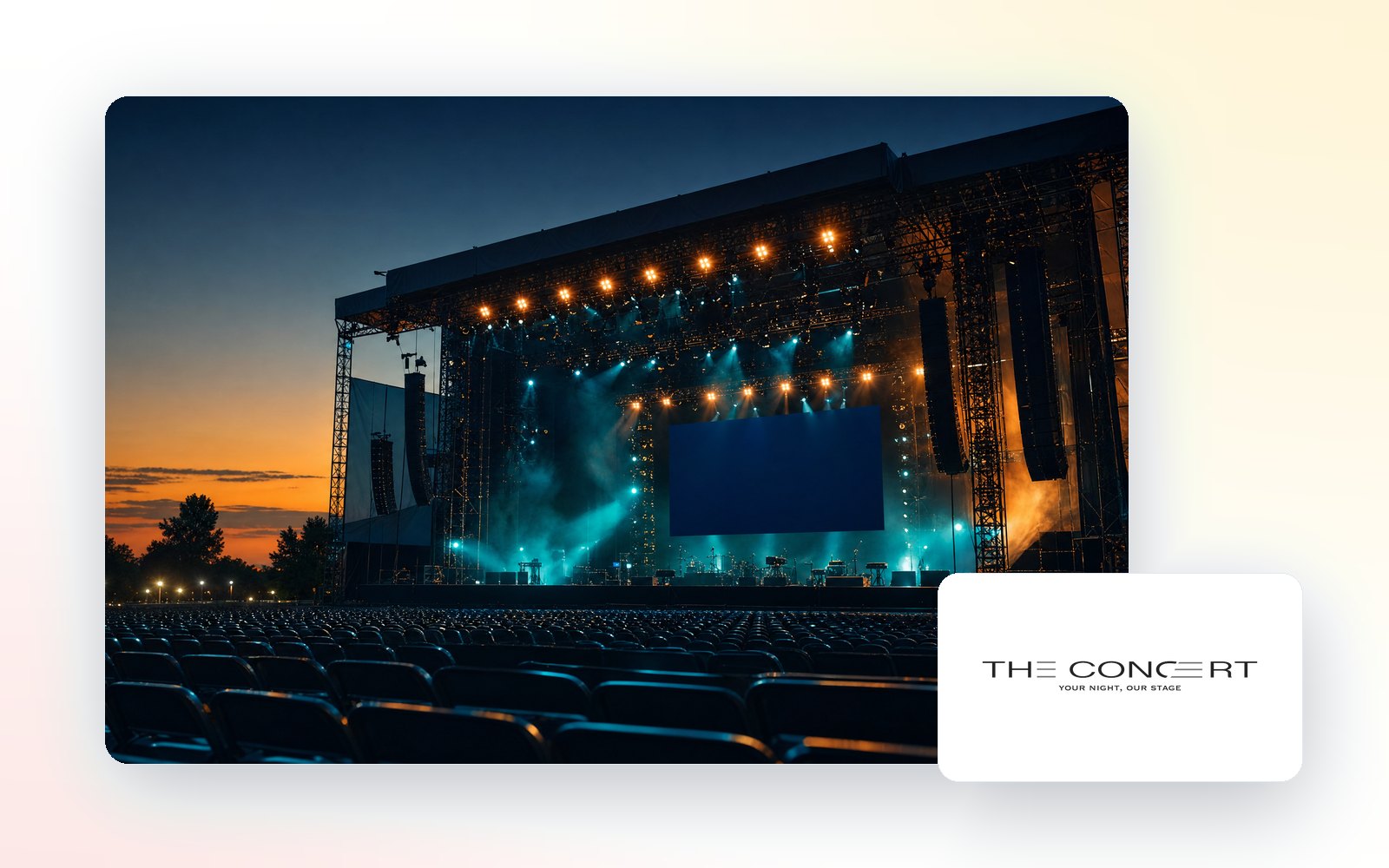 An outdoor stage lit teal and amber at dusk, with The Concert logo